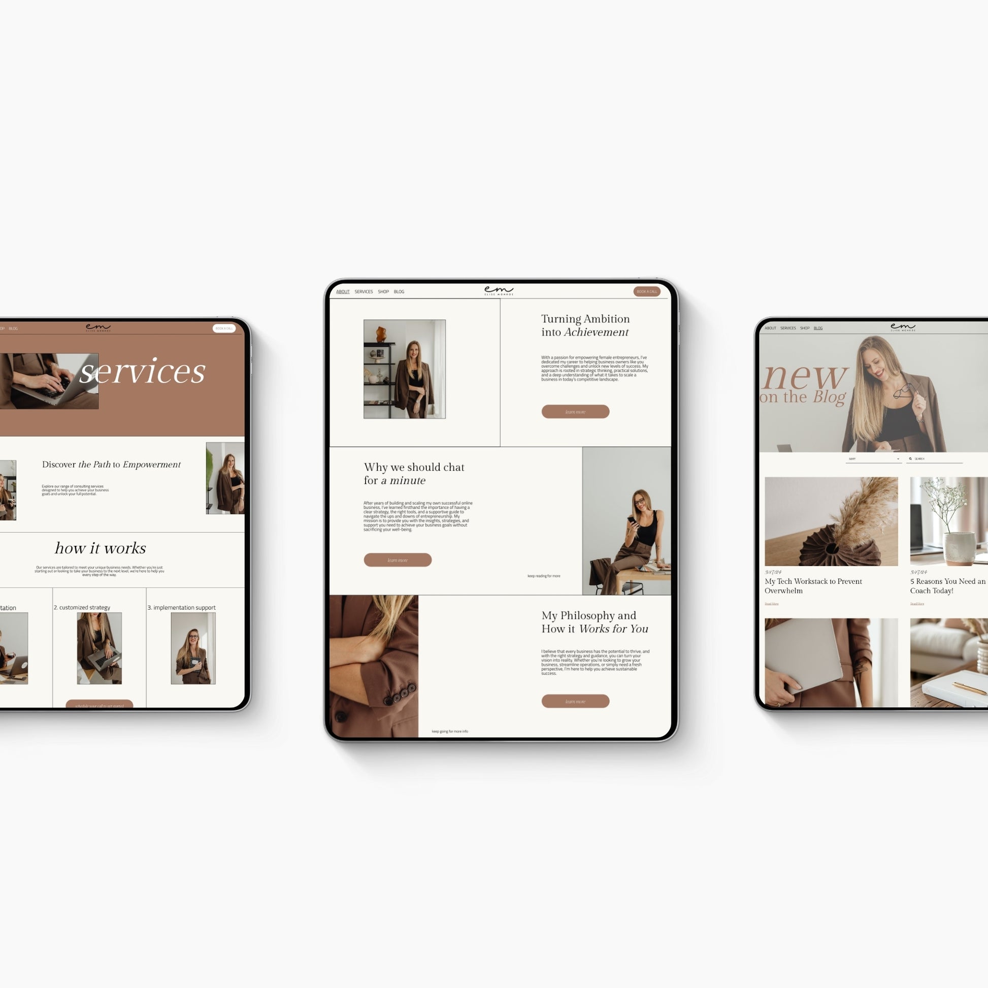 Three tablets displaying a Squarespace website template for coaches with images and text on a white background