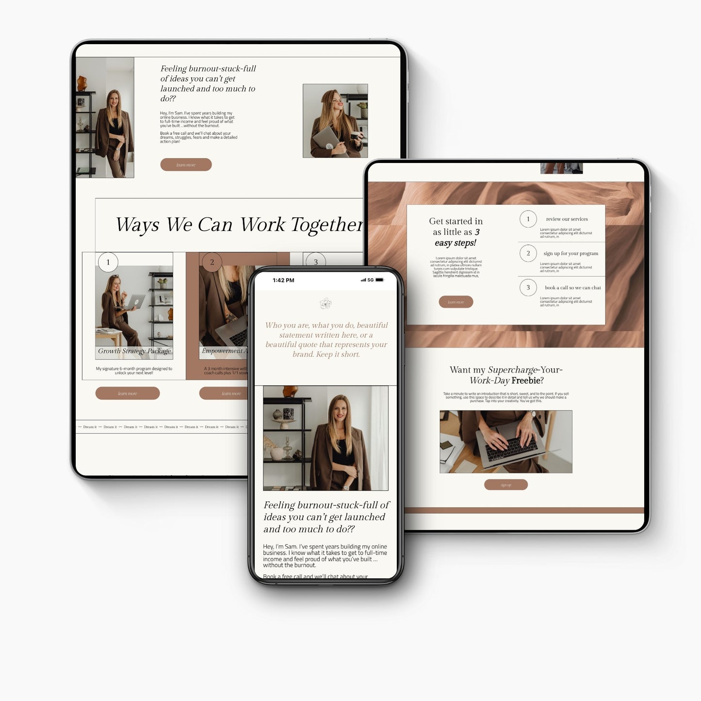 Multiple devices displaying a Squarespace website template for coaches with a woman on a laptop.