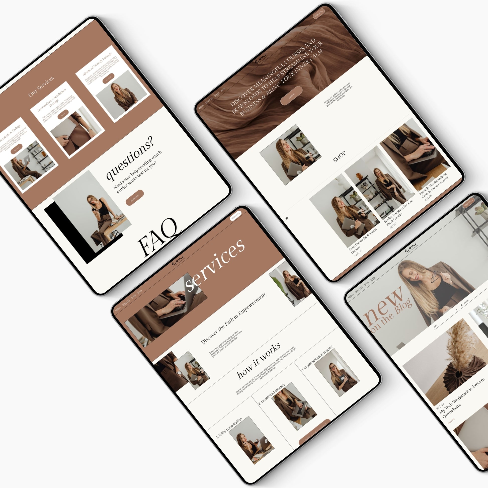 Multiple smartphone screens displaying a Squarespace website template for coaches with a brown and white color scheme.