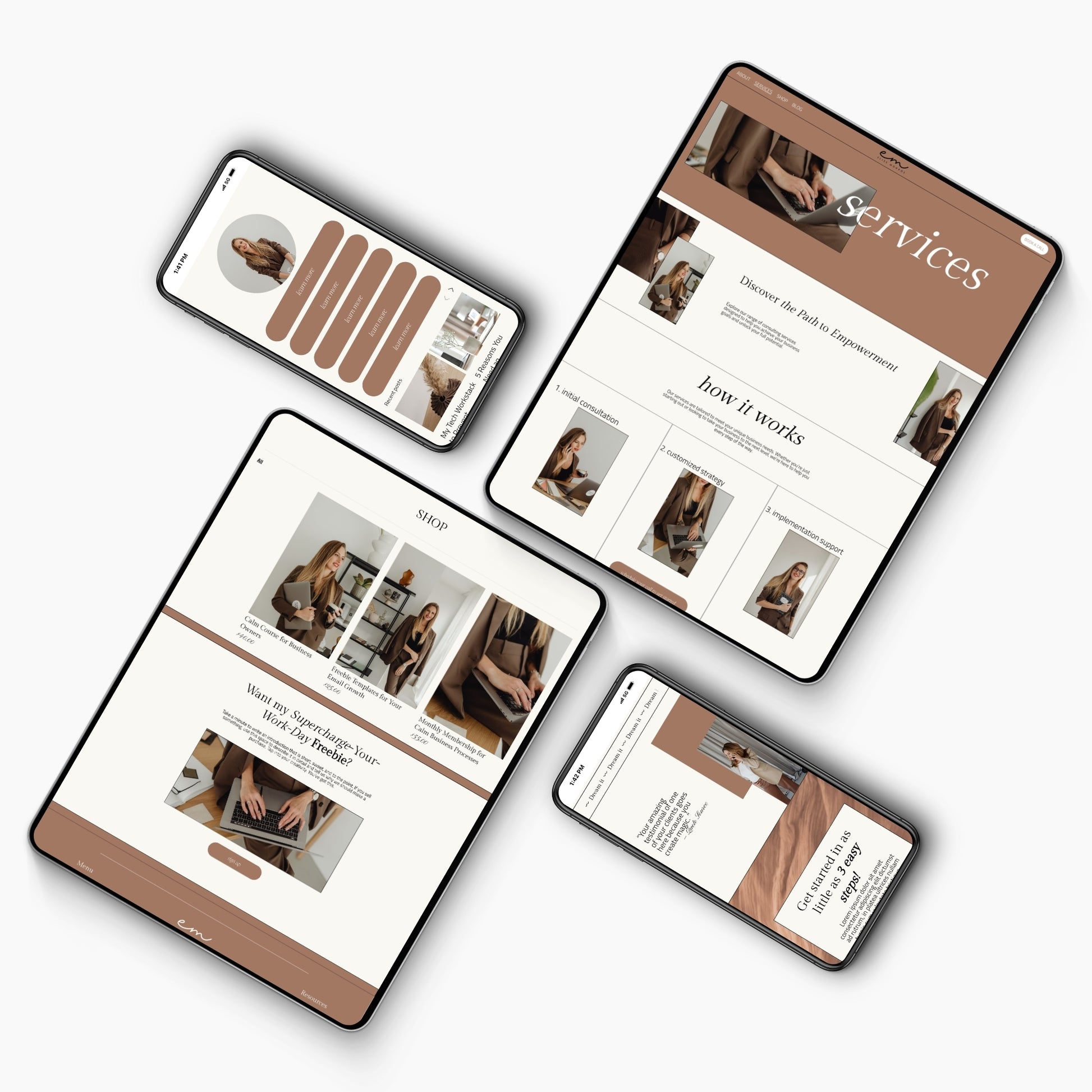 Multiple devices displaying a Squarespace website template for coaches with a brown and white color scheme.