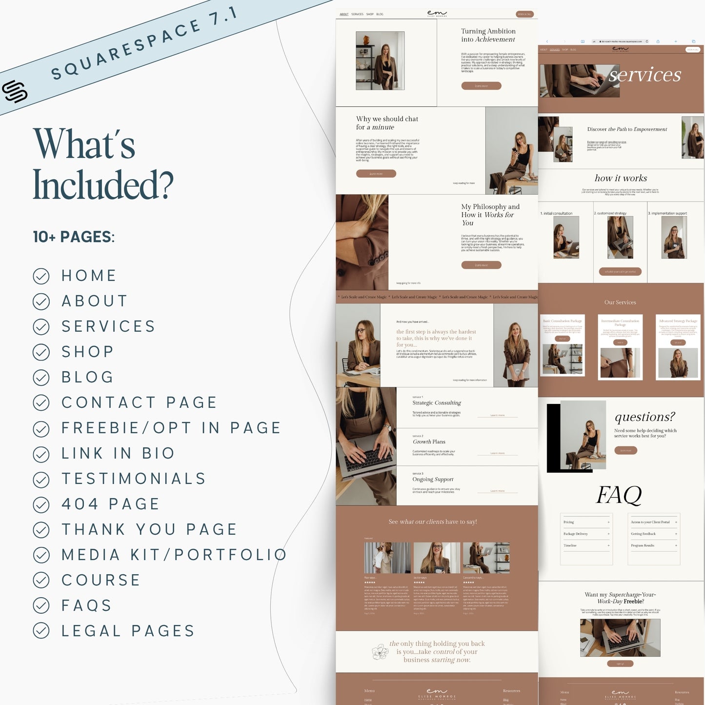 Squarespace 7.1 website template for coaches  with features and pages listed