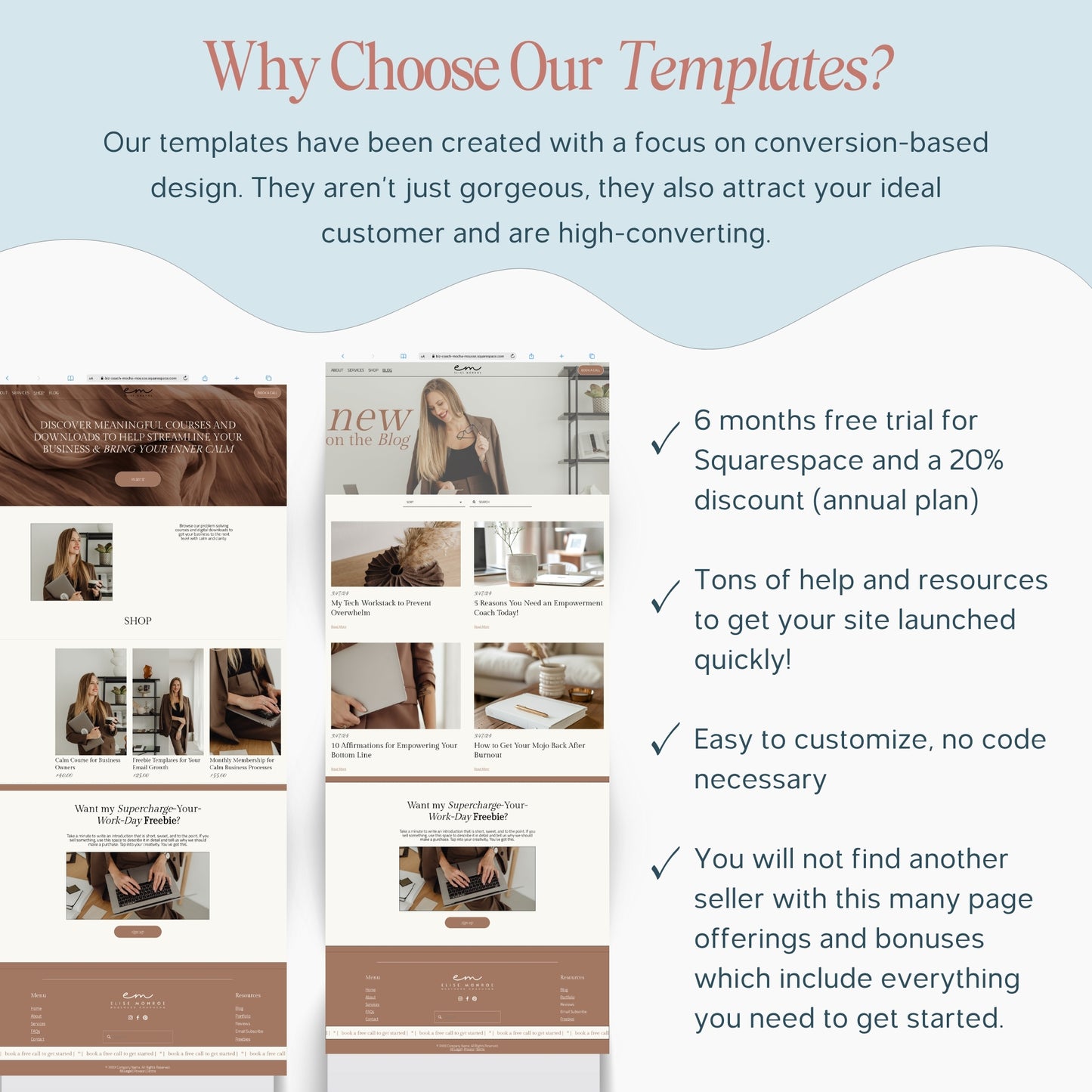 Promotional text about Squarespace website template for coaches with images of a website layout.