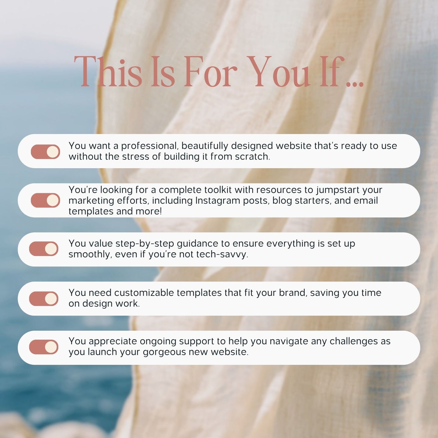 Promotional graphic for a website design service with toggle options and a blurred beach background.