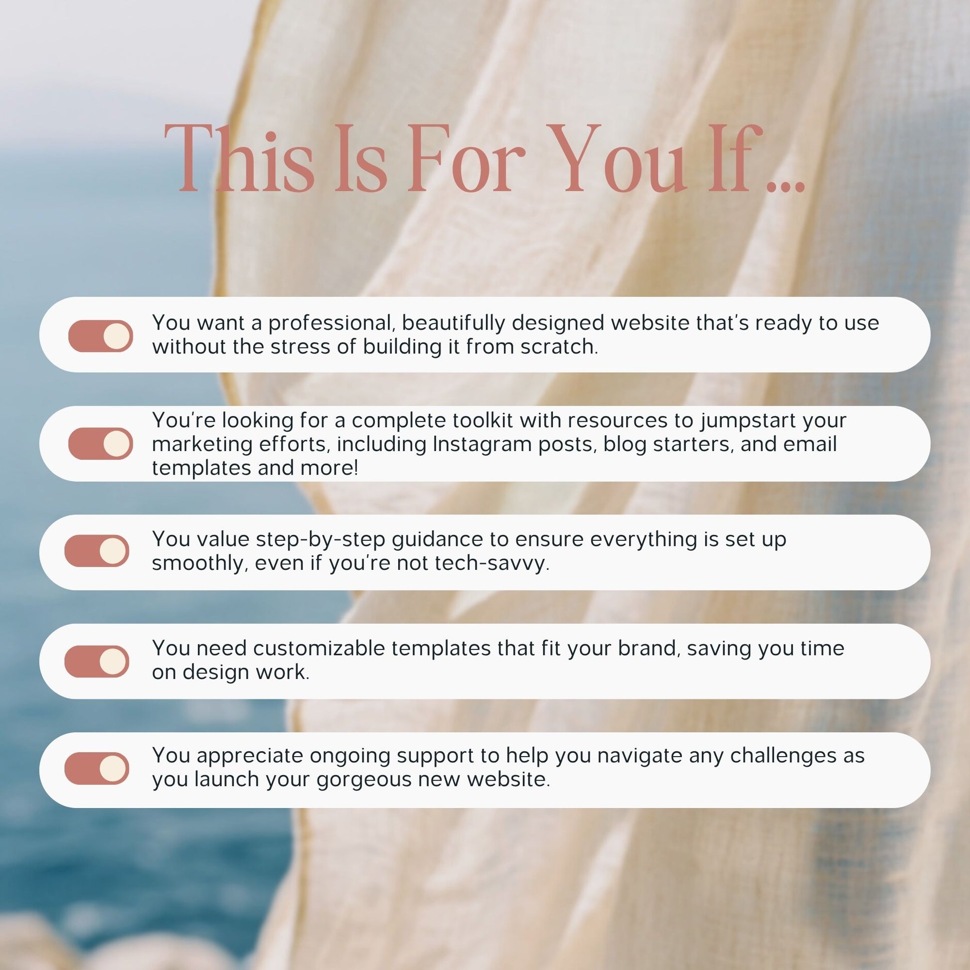 Promotional graphic for a website design service with toggle options and a blurred beach background.