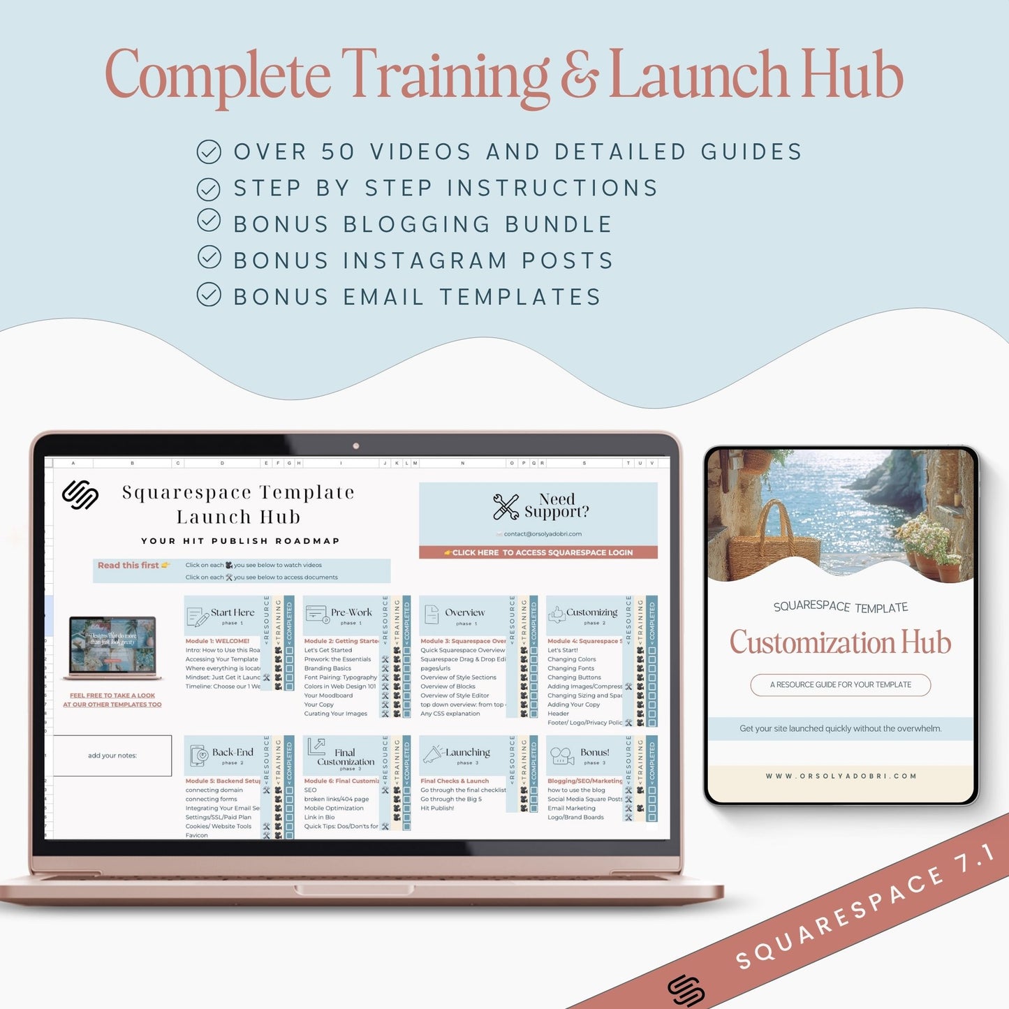 Squarespace training and launch hub with laptop and tablet displaying Squarespace templates.