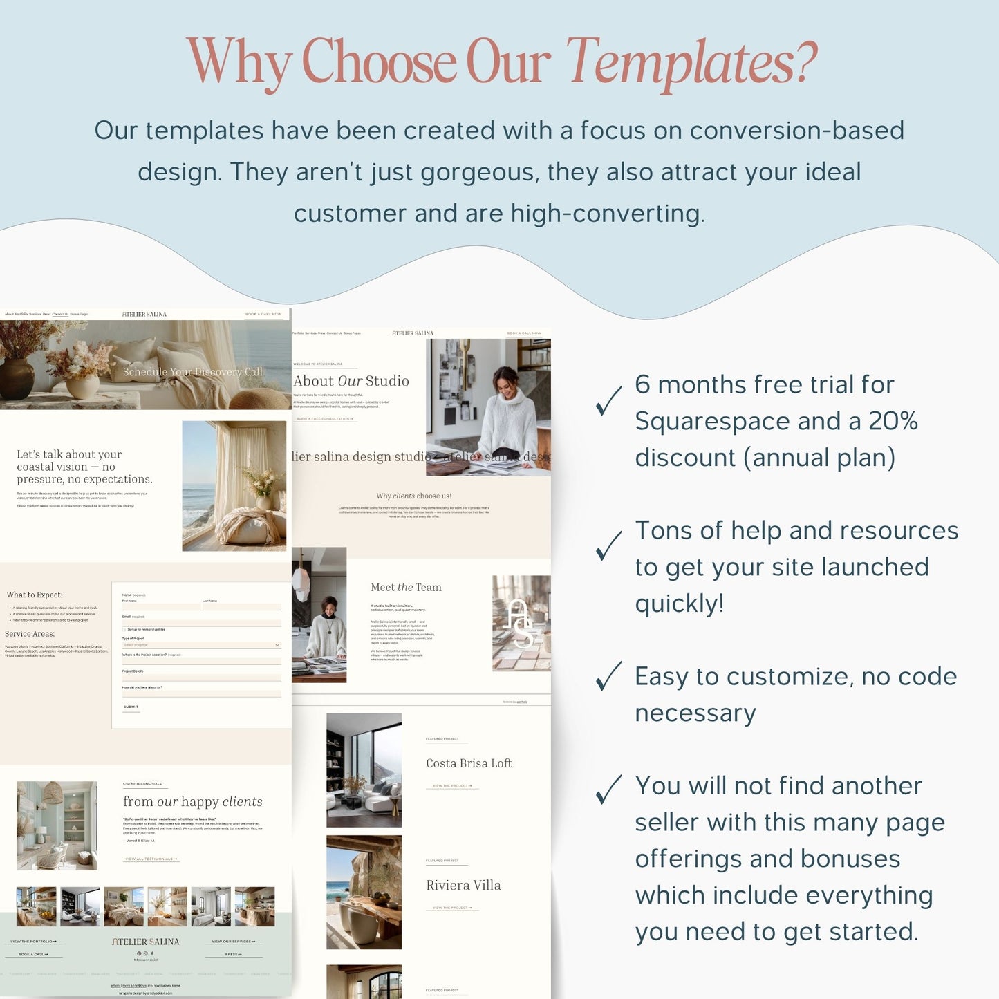 Promotional graphic for website templates with text about conversion-based design and free trial offer.