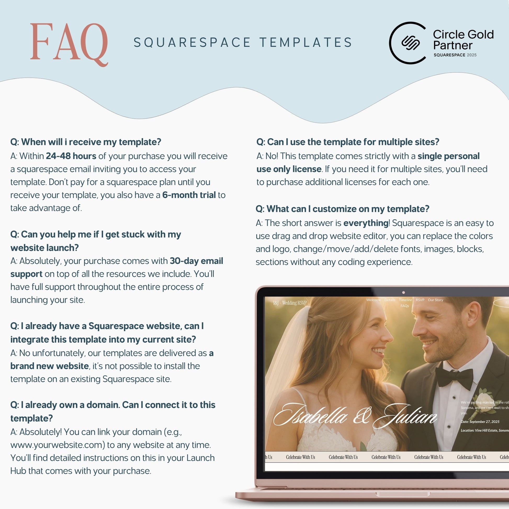 FAQ section about Squarespace Wedding Website RSVP  with a laptop displaying a wedding-themed website.