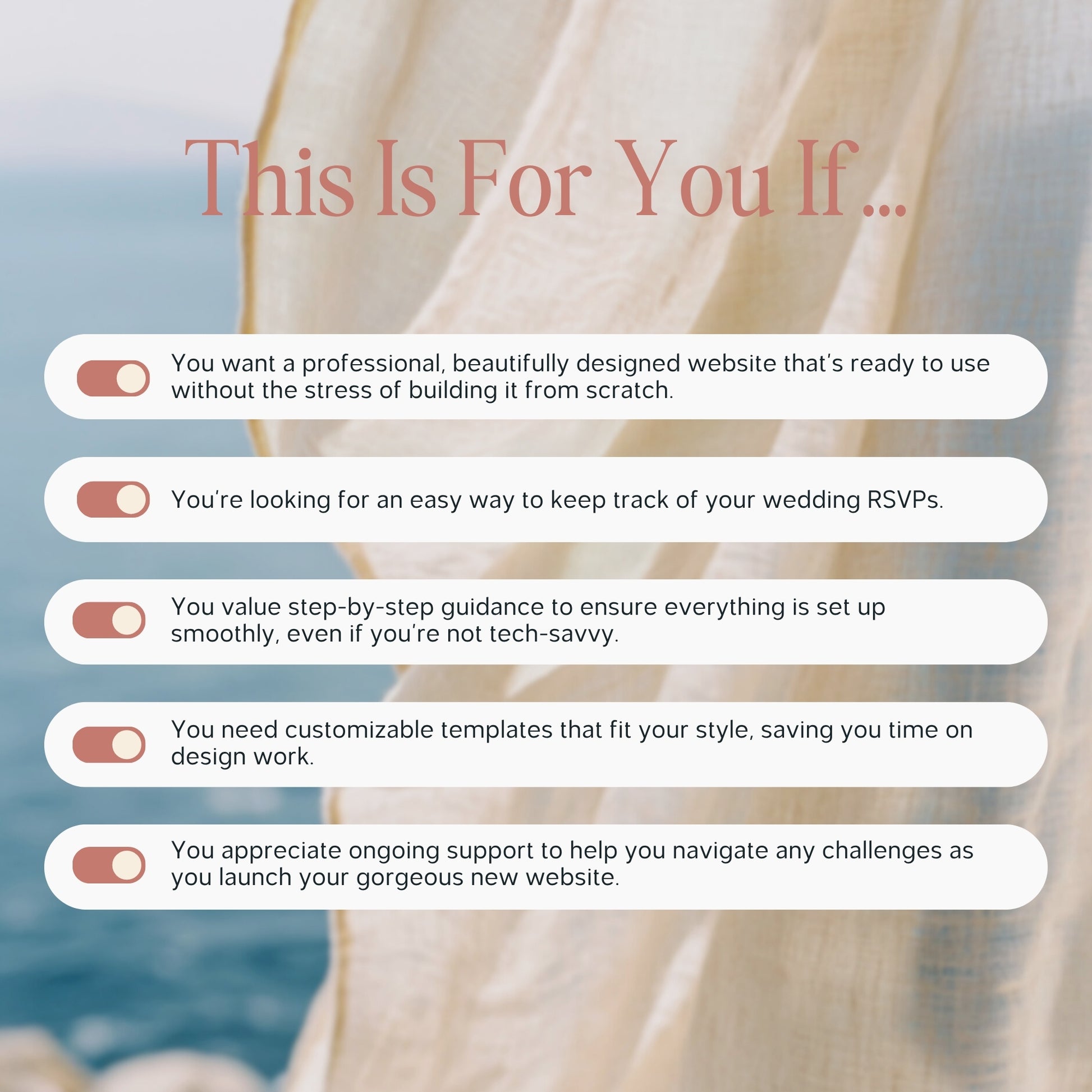 Promotional graphic with text and toggle switches against a blurred beach background for a Squarespace Wedding Website RSVP 