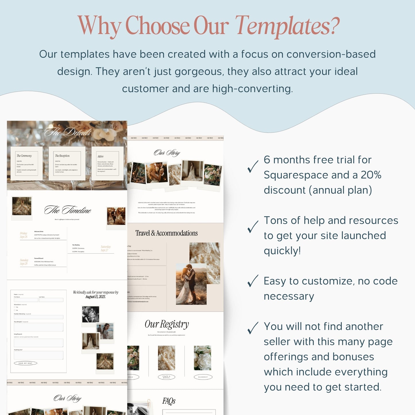 Promotional graphic for a Squarespace Wedding Website RSVP  with features and benefits listed.