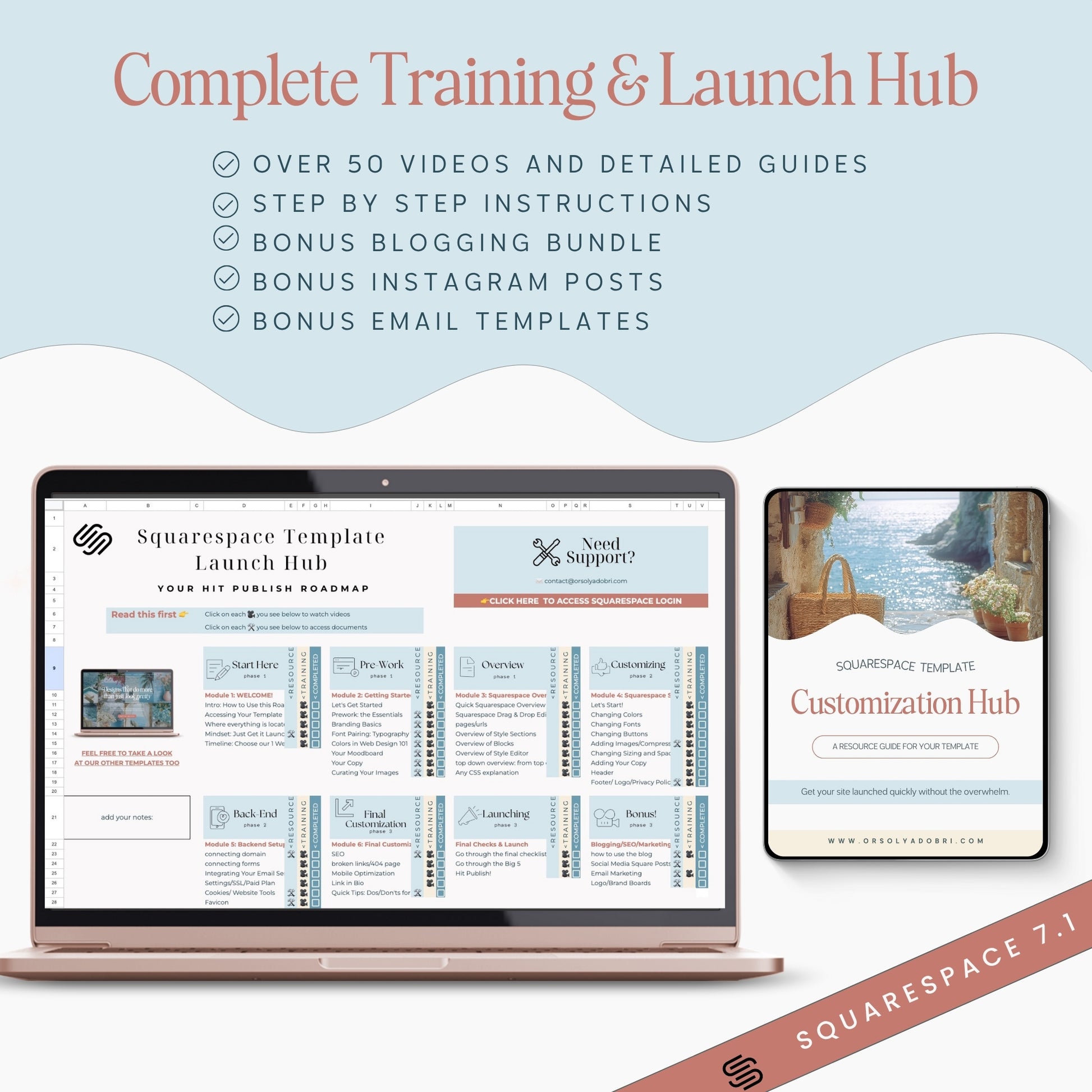 Squarespace Template Launch Hub with laptop and phone displaying Squarespace Wedding Website RSVP  on a light blue background.