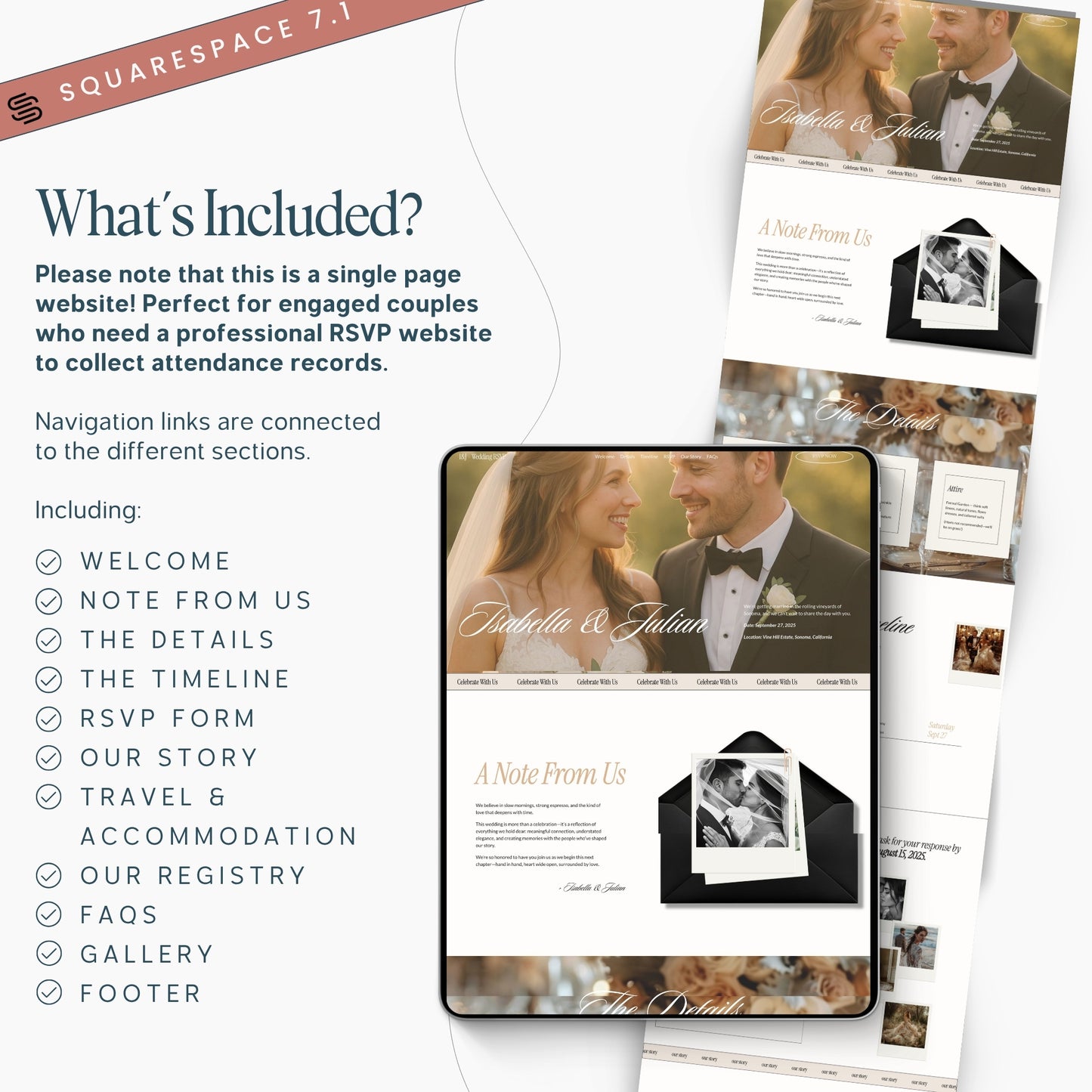 Squarespace Wedding Website RSVP  with navigation links and couple images.
