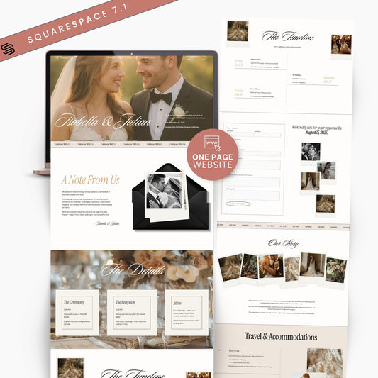 Squarespace Wedding Website RSVP with various pages displayed.