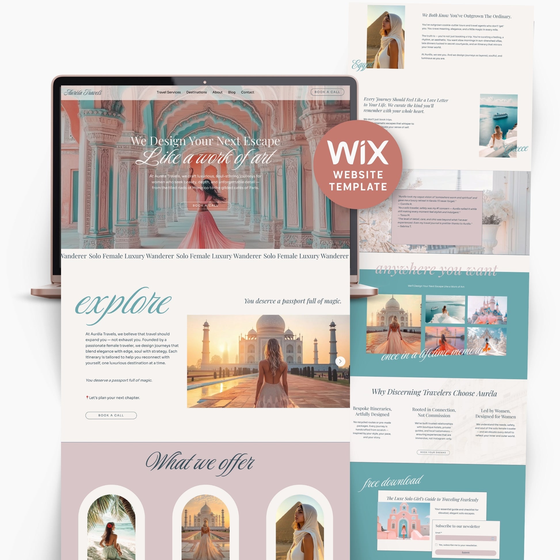 Wix Studio Travel Agency Website Template with a laptop displaying a travel-themed design.