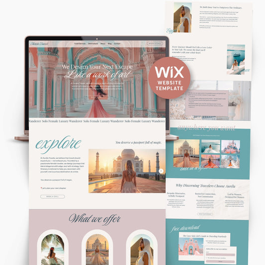 Wix Studio Travel Agency Website Template with a laptop displaying a travel-themed design.