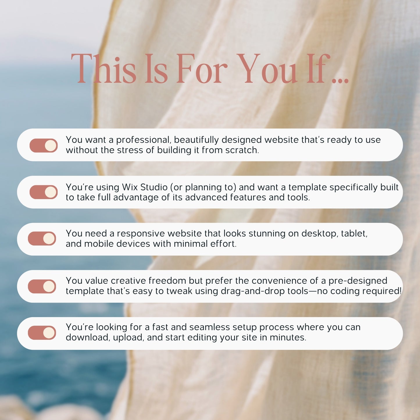 Text overlay with benefits of having Wix Studio Travel Agency Website Template, on a blurred beach background