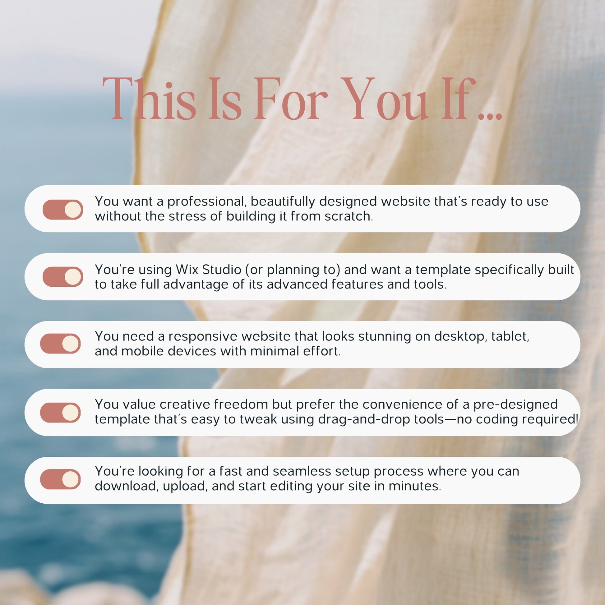 Text overlay with benefits of having Wix Studio Travel Agency Website Template, on a blurred beach background