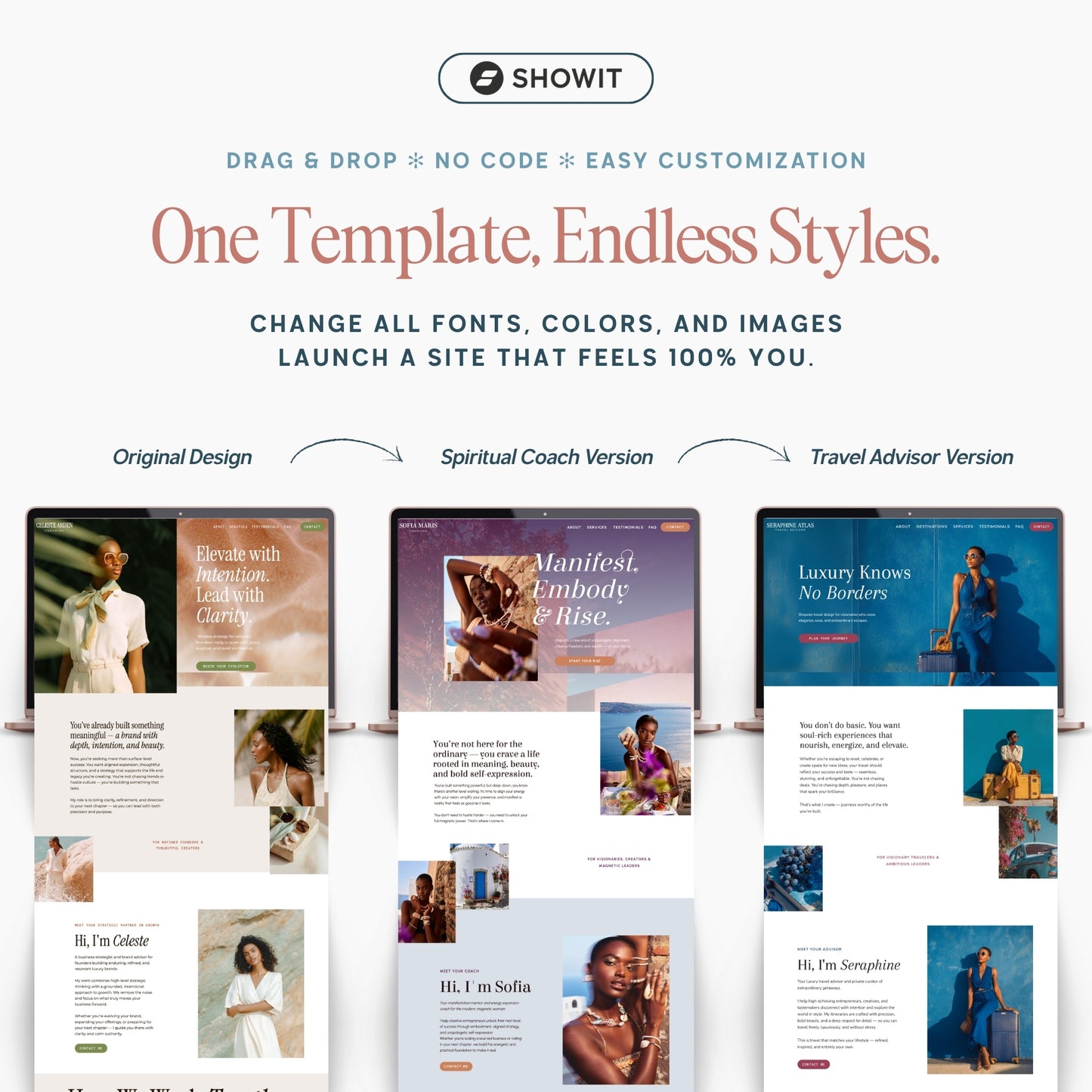 Three style variations of the Showit website template showing how easy it is to customize the original design.