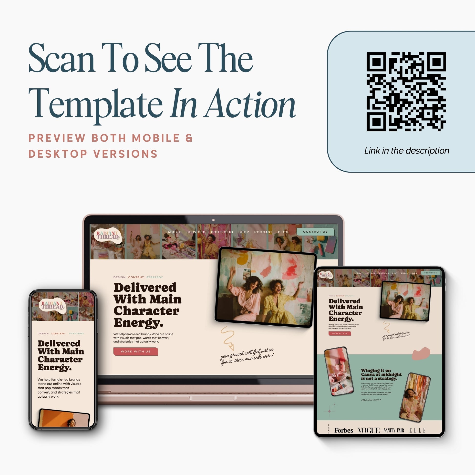 Live demo preview of a Showit website template for creative agencies with QR code to view mobile and desktop versions in action.