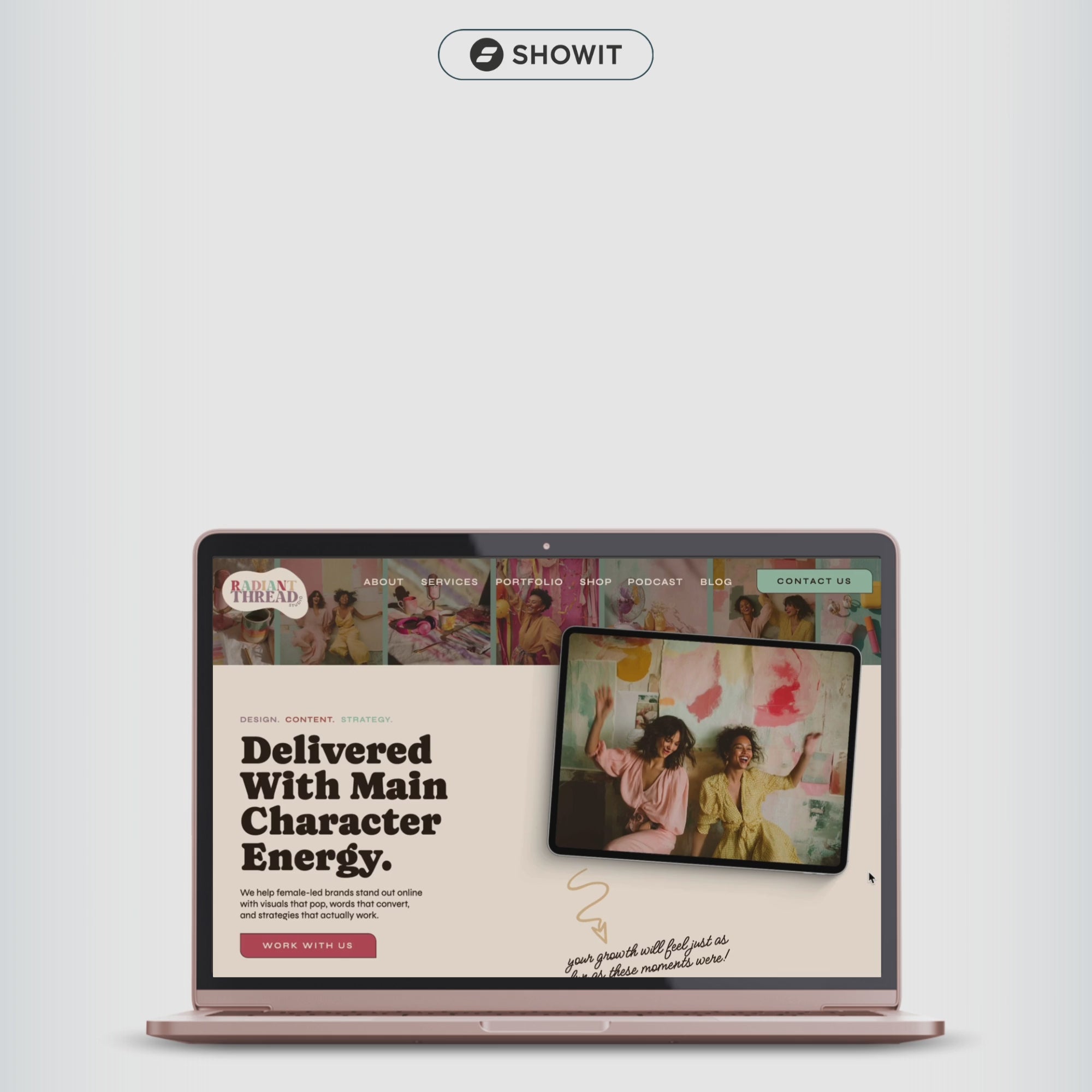 Video preview of Showit website template for creative agencies with desktop and mobile preview for a retro styled website launch.