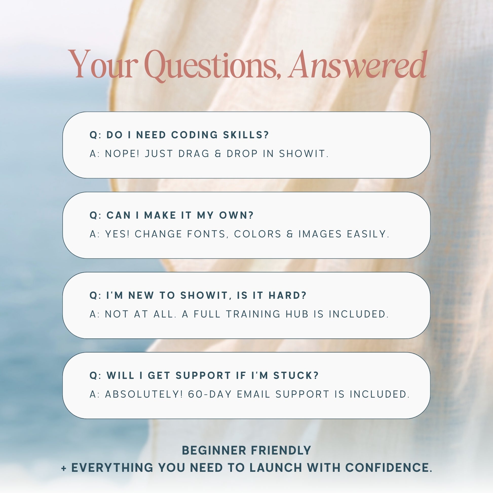 FAQ section of Showit website template answering common questions about coding customization and support included.