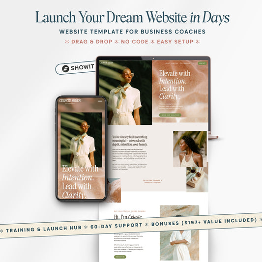 Hero mockup of Showit website template for business coaches with desktop and mobile preview for a bold one page coaching website launch.