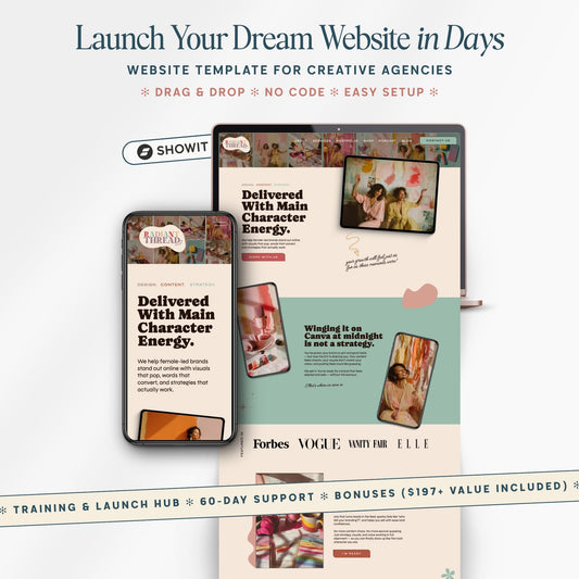 Hero mockup of Showit website template for creative agencies with desktop and mobile preview for a retro styled website launch.