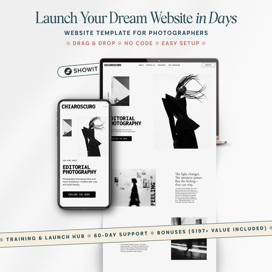 Showit Website Template for Photographers - Black & White Editorial
