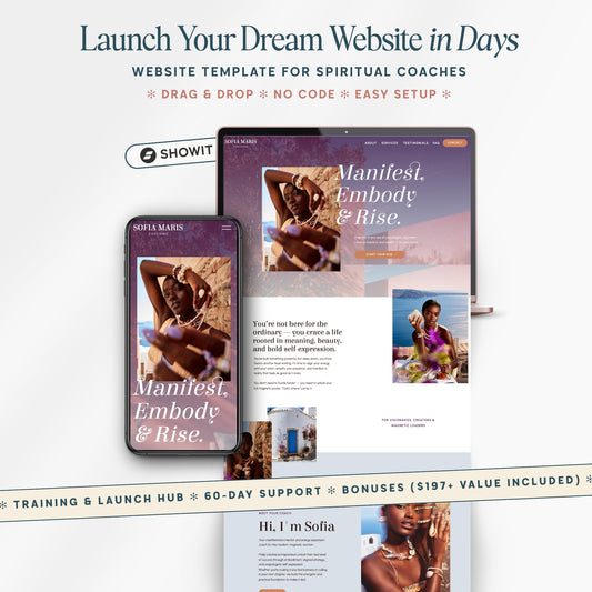 Hero mockup of Showit website template for spiritual coaches with desktop and mobile preview for a bold one page spiritual coach website launch.