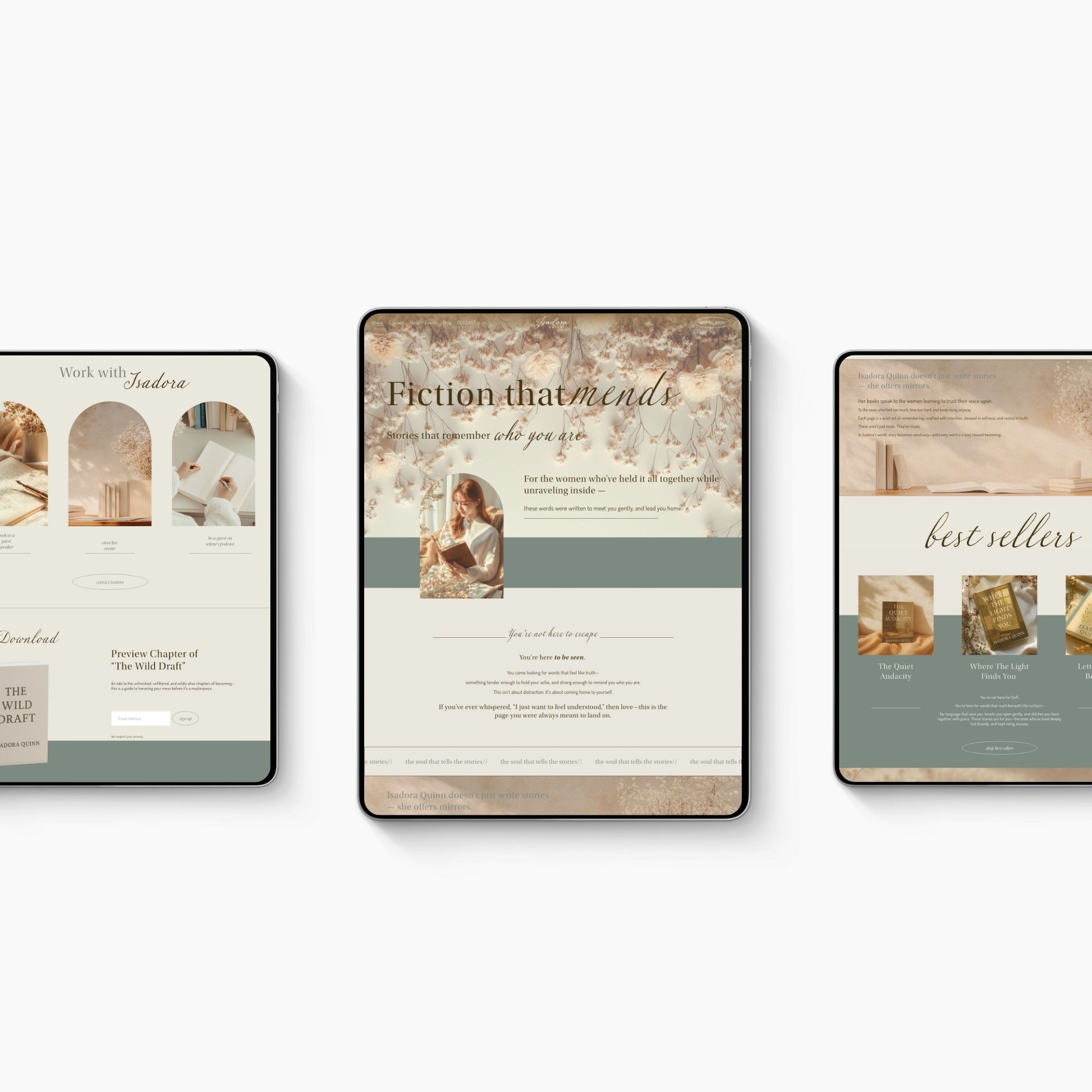 Three tablet devices displaying a squarespace author template with book cover designs on a white background