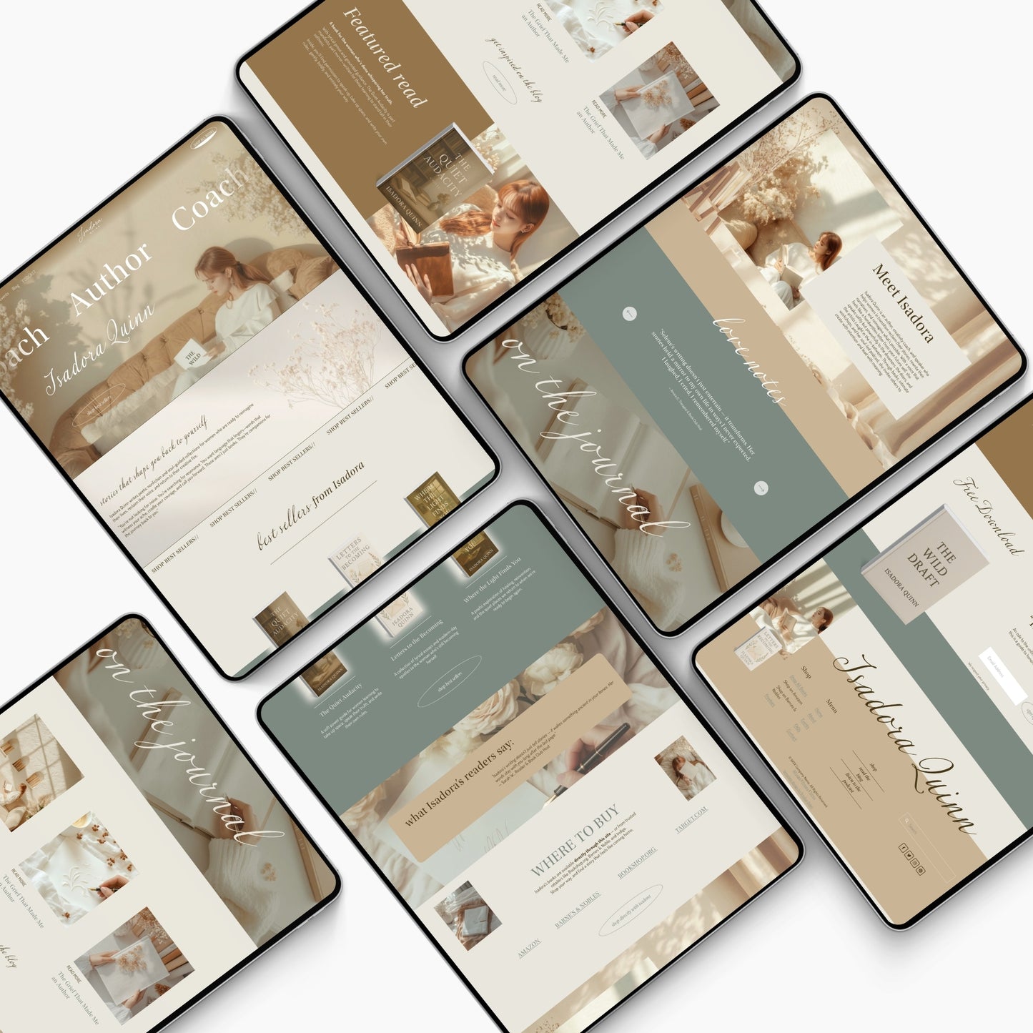 Collage of different device mockups for a squarespace author template on a white background