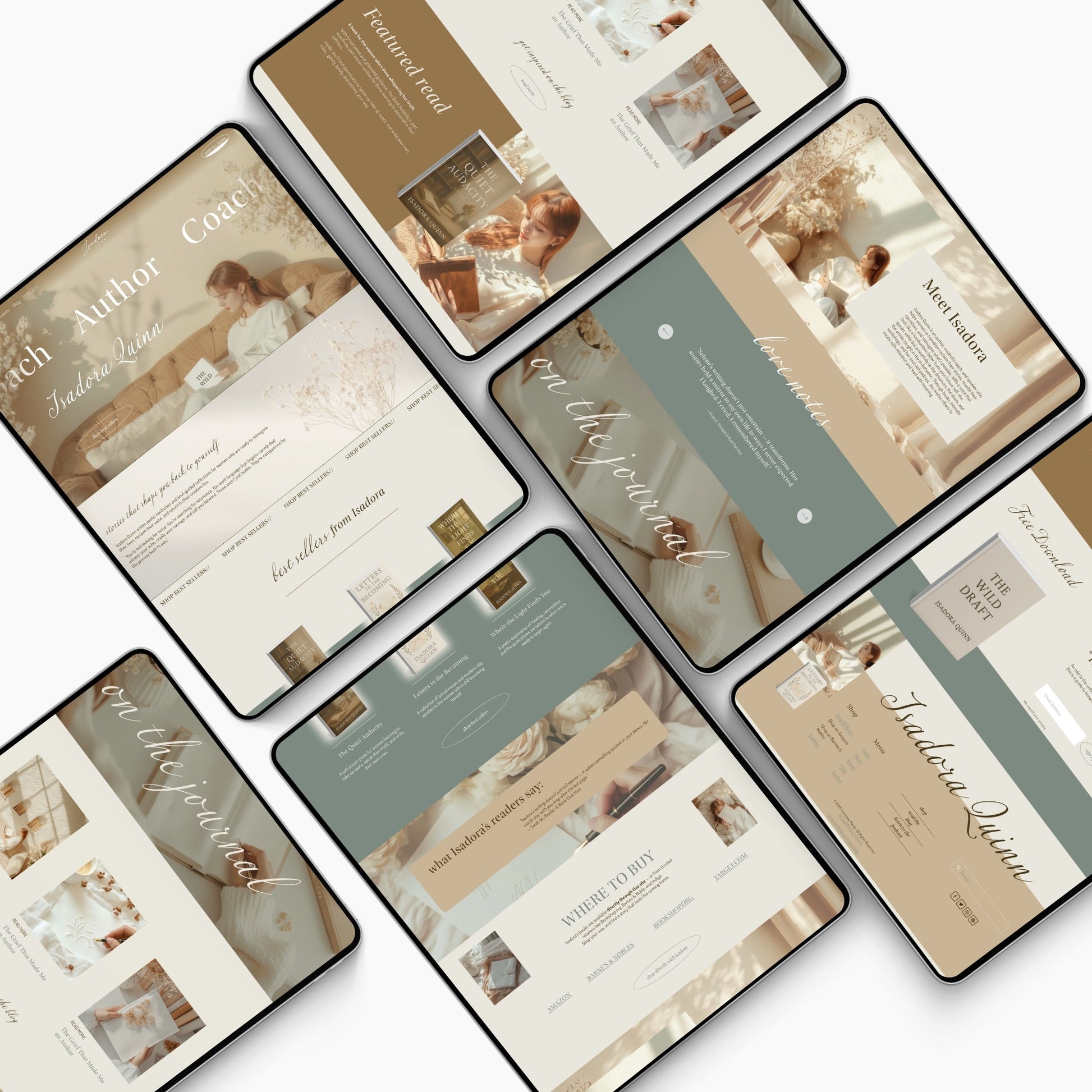 Collage of different device mockups for a squarespace author template on a white background