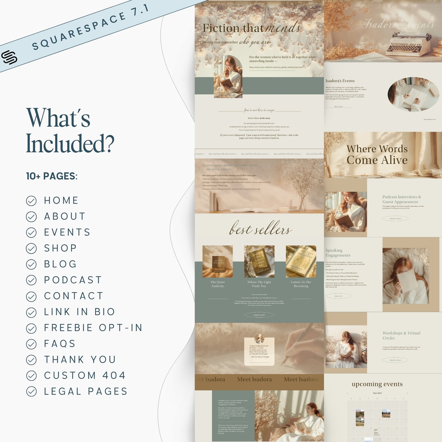 Collage of image mockups of a squarespace author template