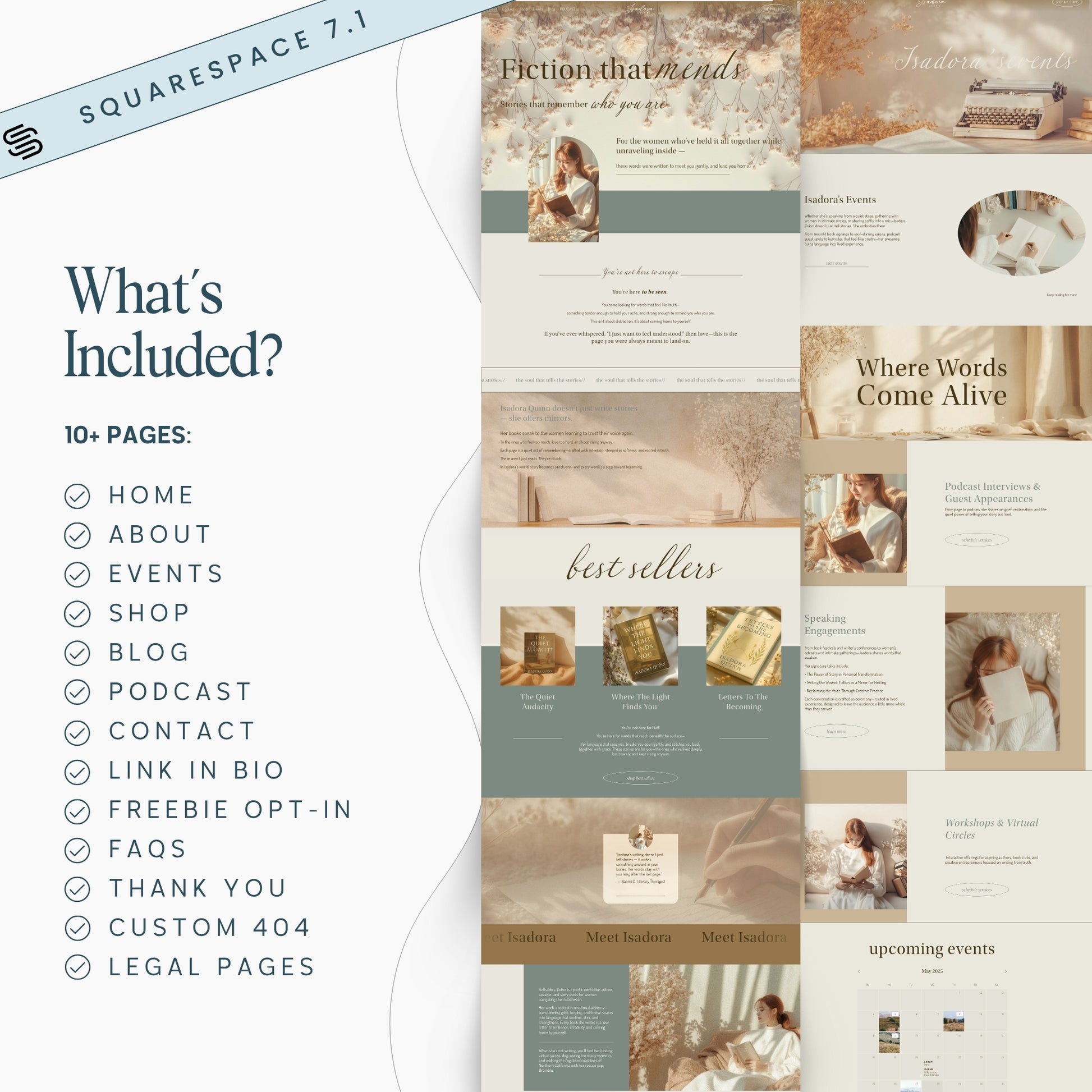 Collage of image mockups of a squarespace author template