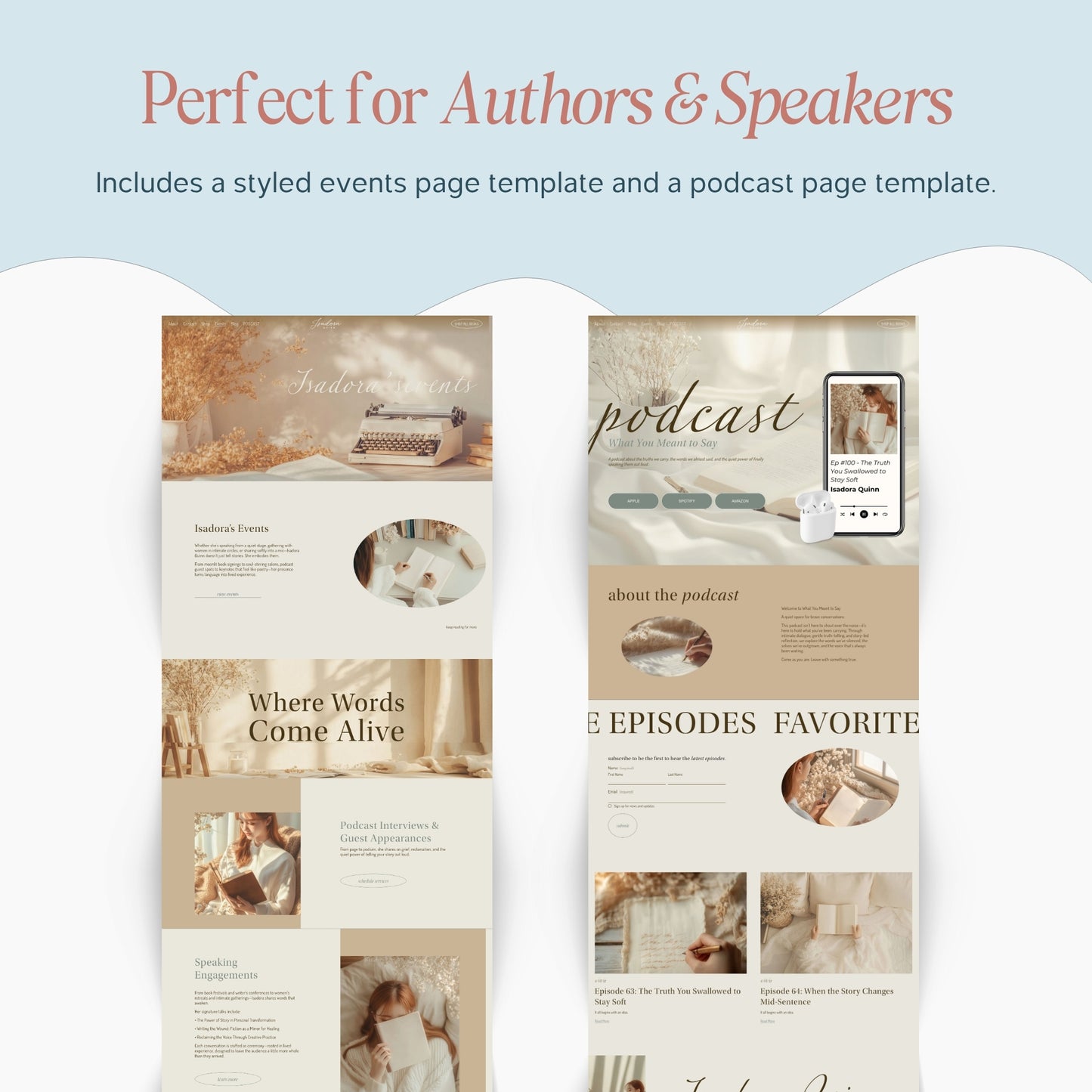 Phone screen displaying squarespace author template with text on the pages included.