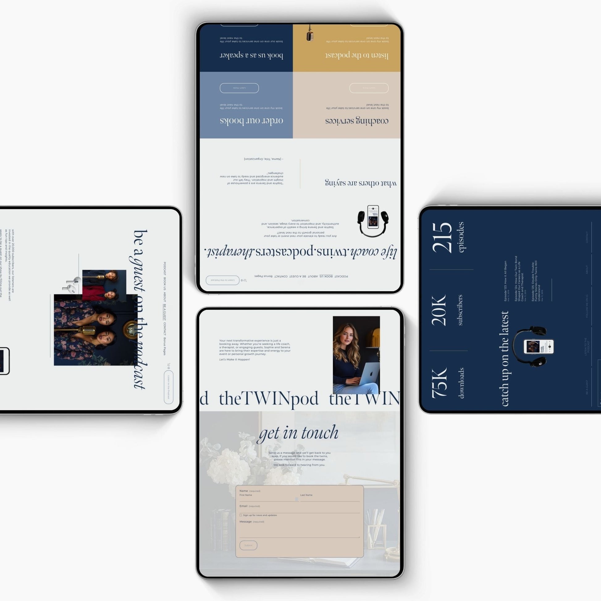 Collection of mockups for a squarespace template for podcast on a white background