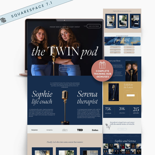 squarespace template for podcast with two women, a microphone, and branding elements.