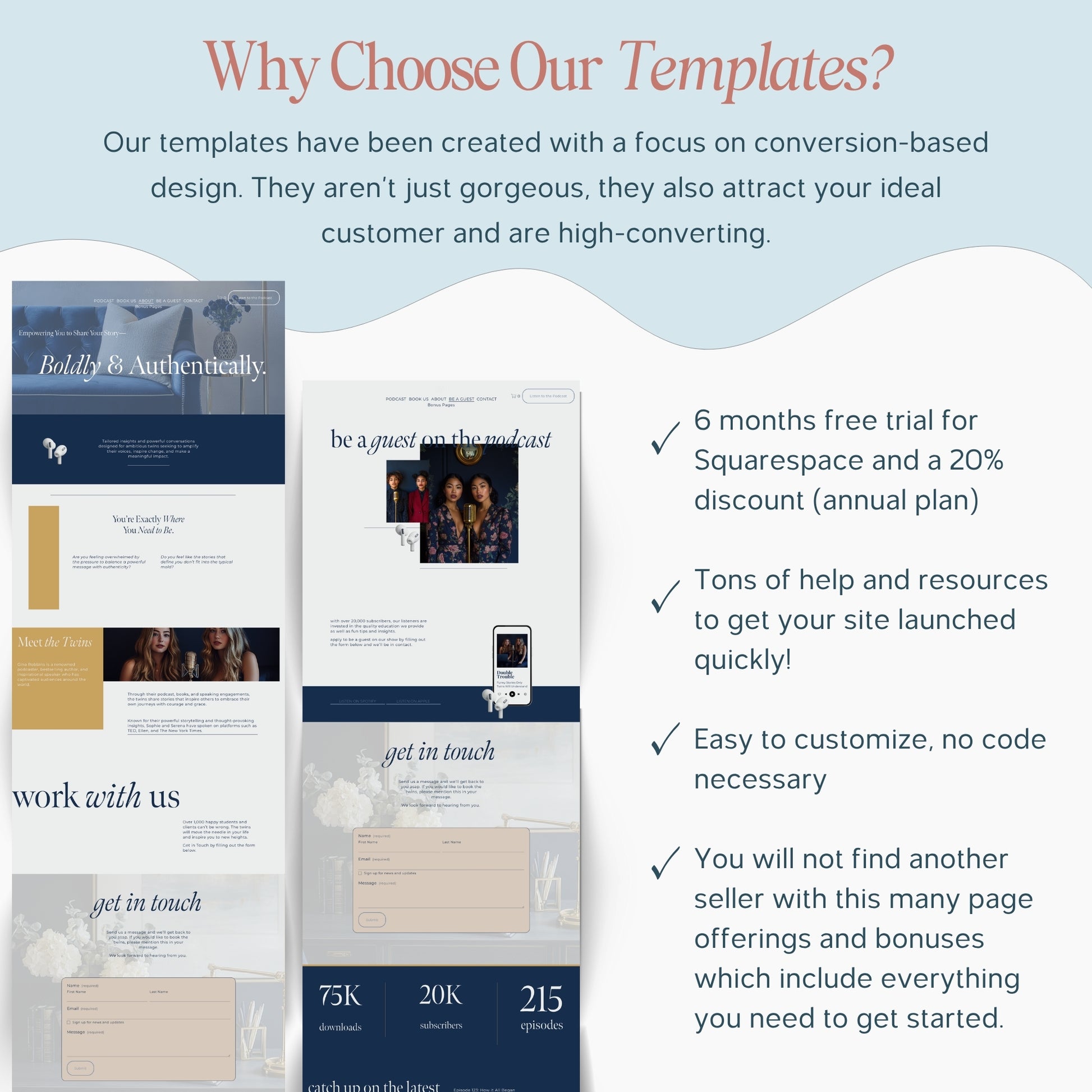 Promotional graphic for a squarespace template for podcast with text about conversion-based design and free trial offer.