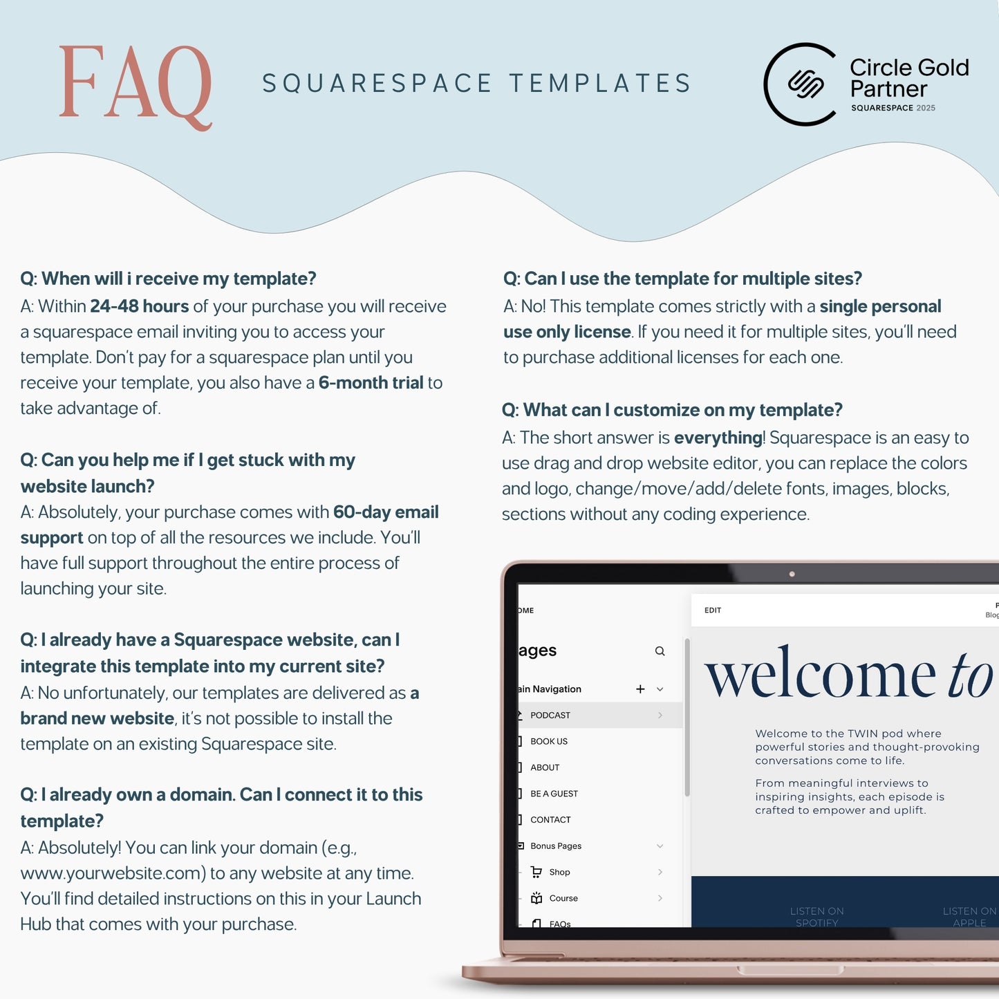 FAQ section about squarespace template for podcast with a laptop displaying a website on a light blue background.