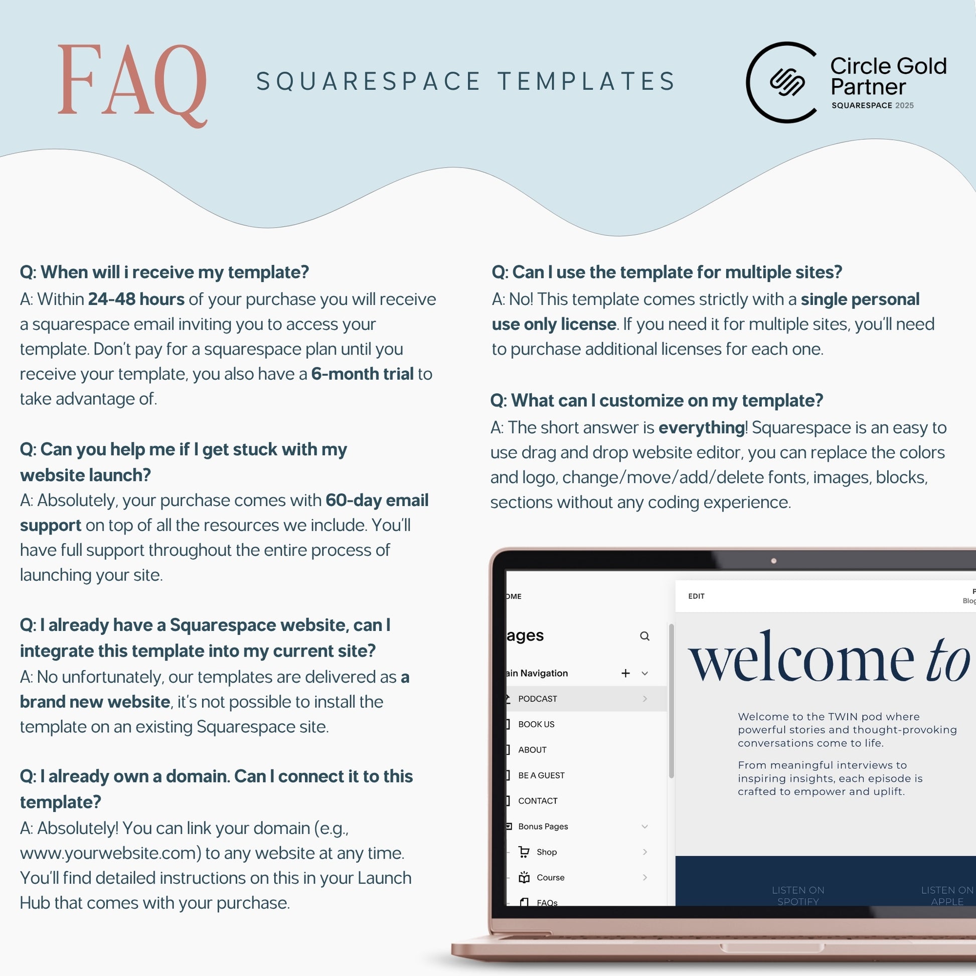 FAQ section about squarespace template for podcast with a laptop displaying a website on a light blue background.