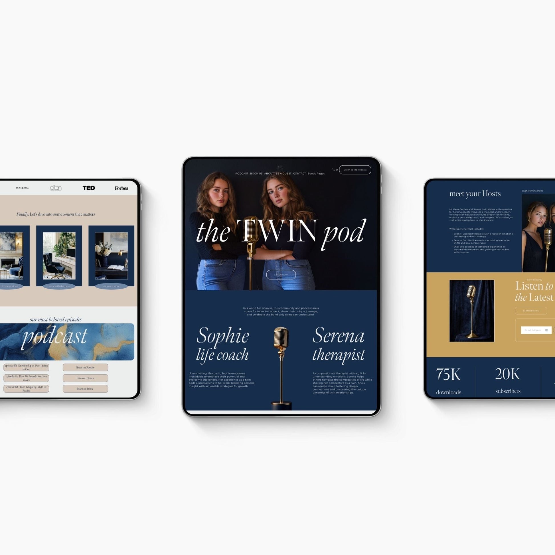 Three digital devices displaying a squarespace template for podcast on a white background