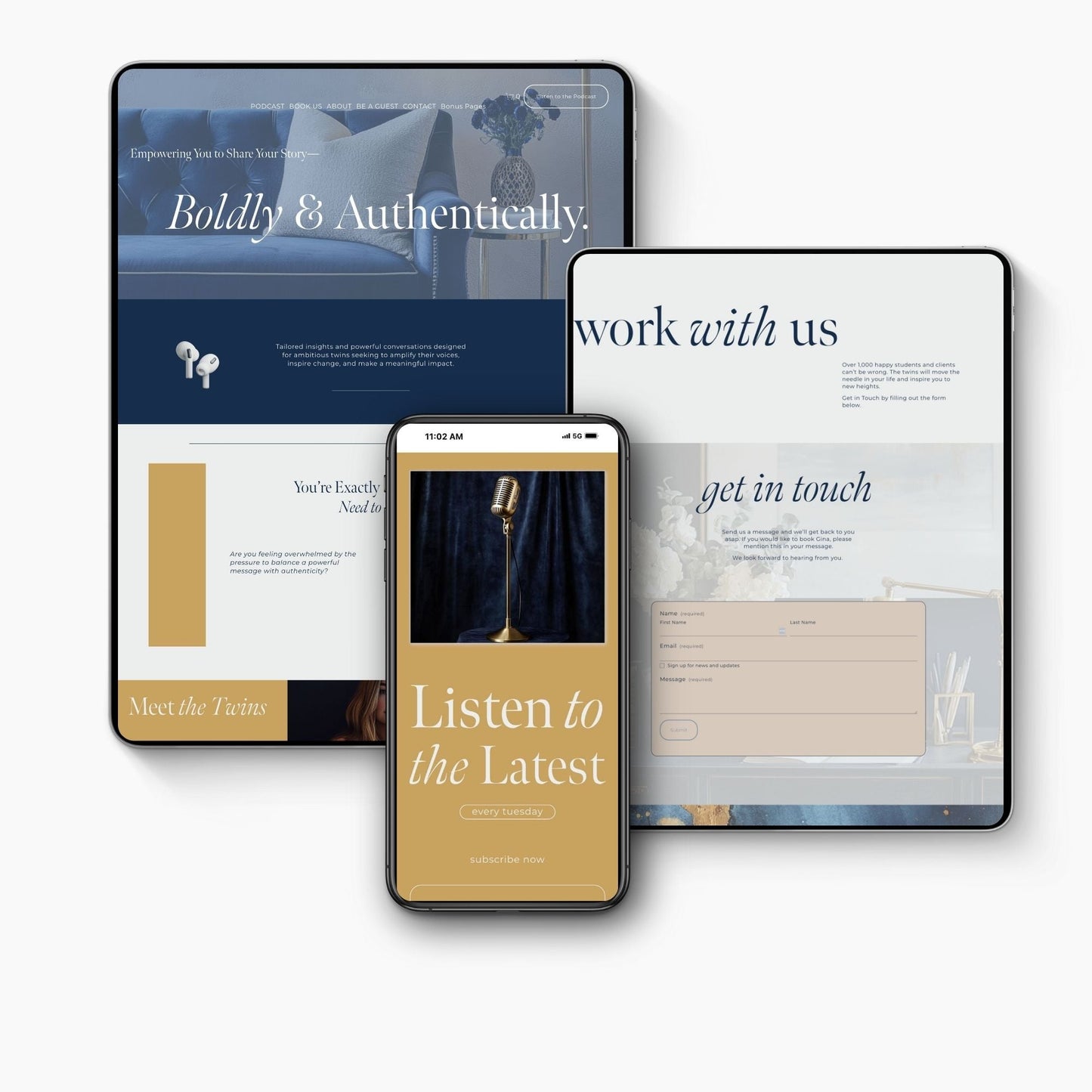 Three devices displaying a squarespace template for podcast with text and images on a white background