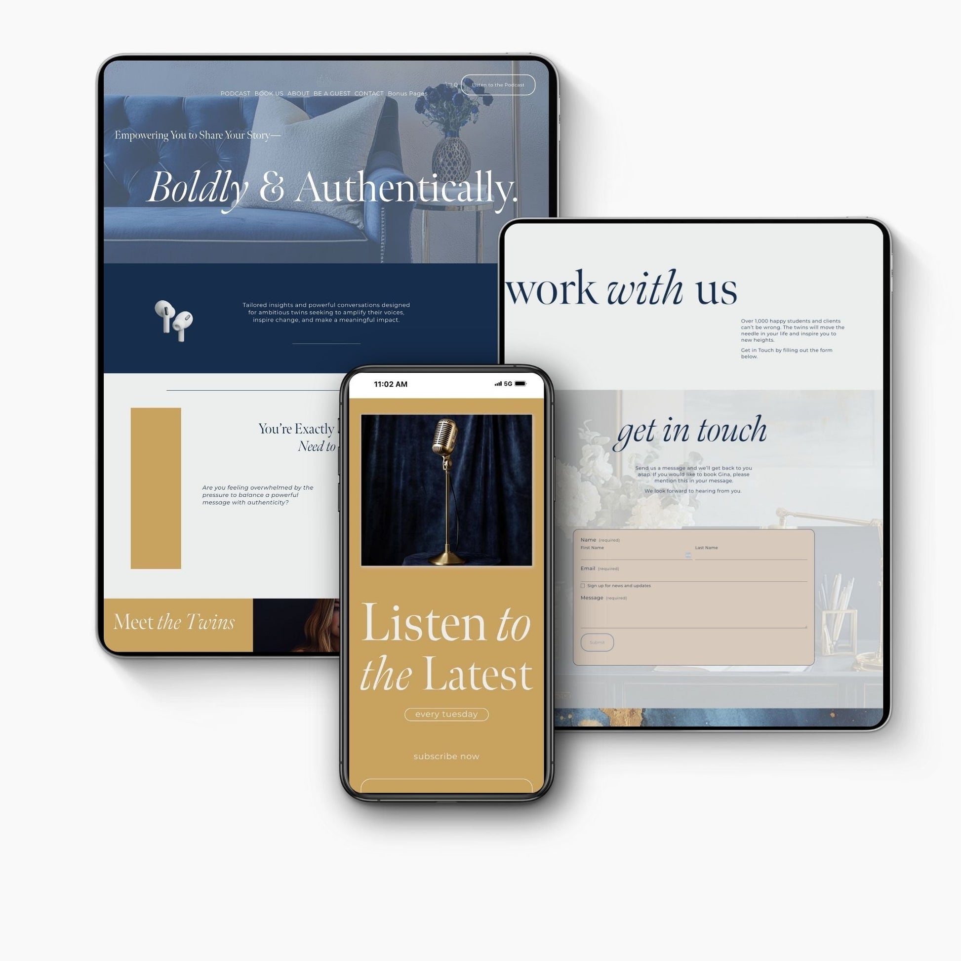 Three devices displaying a squarespace template for podcast with text and images on a white background