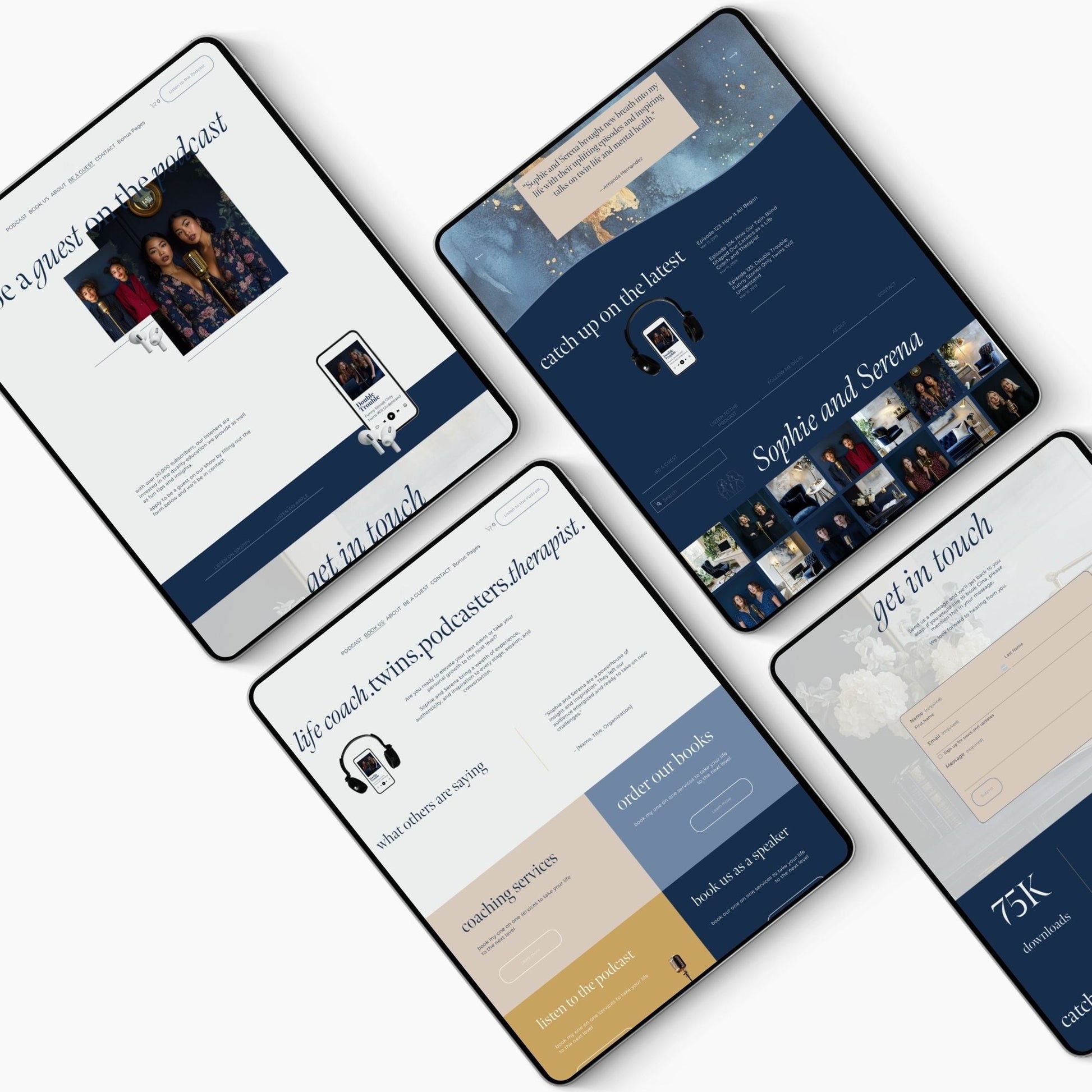 Four smartphone screens displaying a squarespace template for podcast with a blue and beige color scheme.