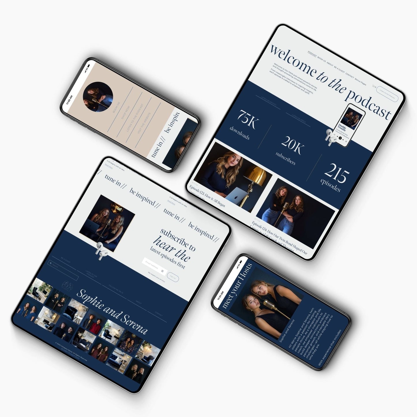 Four smartphone screens displaying a squarespace template for podcast with user profiles and statistics.