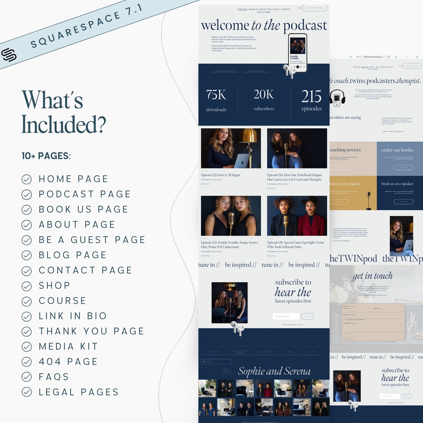 Squarespace 7.1 website template for podcast with features and examples of pages.