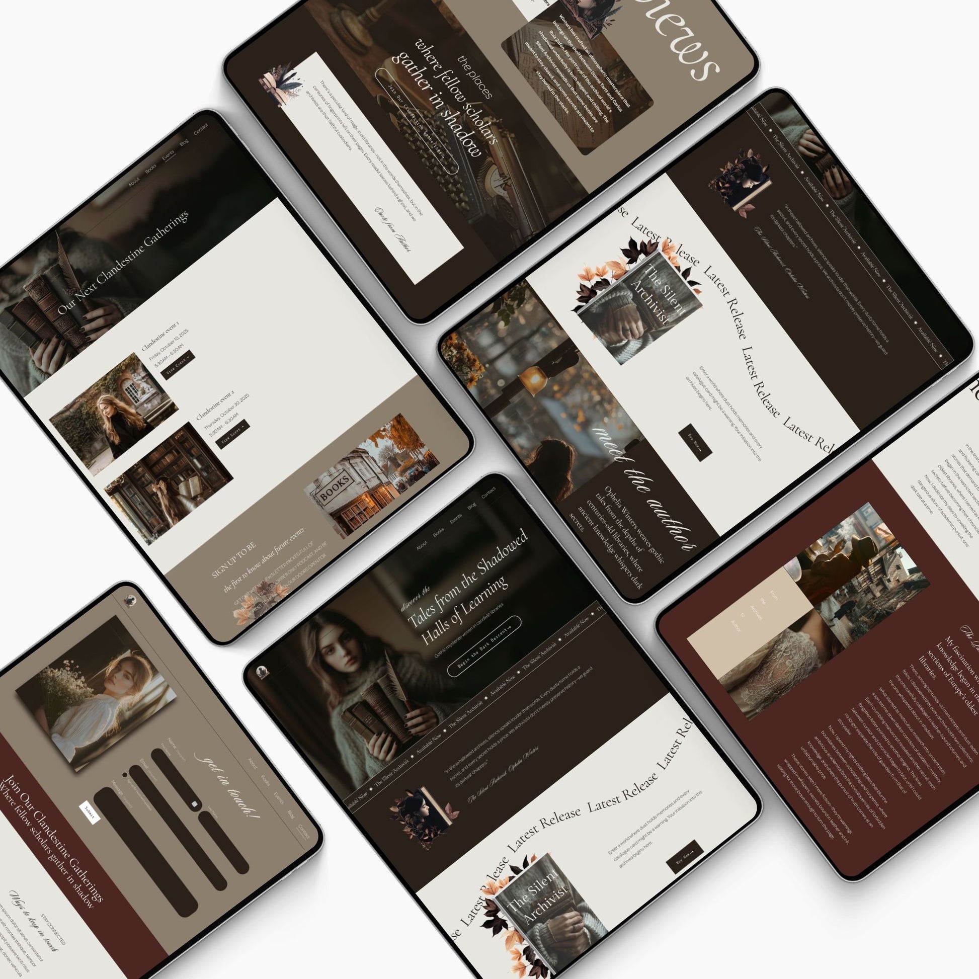 A collection of Squarespace Template For Authors pages, featuring a dark academia style with brown, white, and dark purple color scheme.