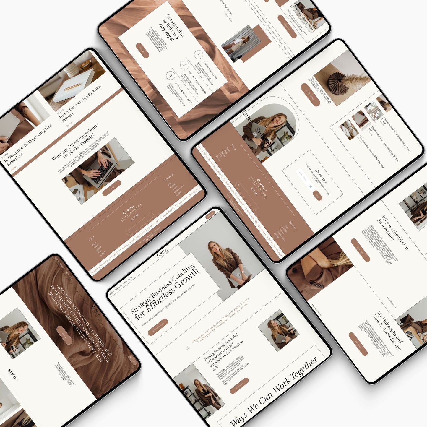A collection of Squarespace website template screenshots for business coaches, featuring various pages such as the header, about, services, and contact pages with a mocha mousse color scheme.