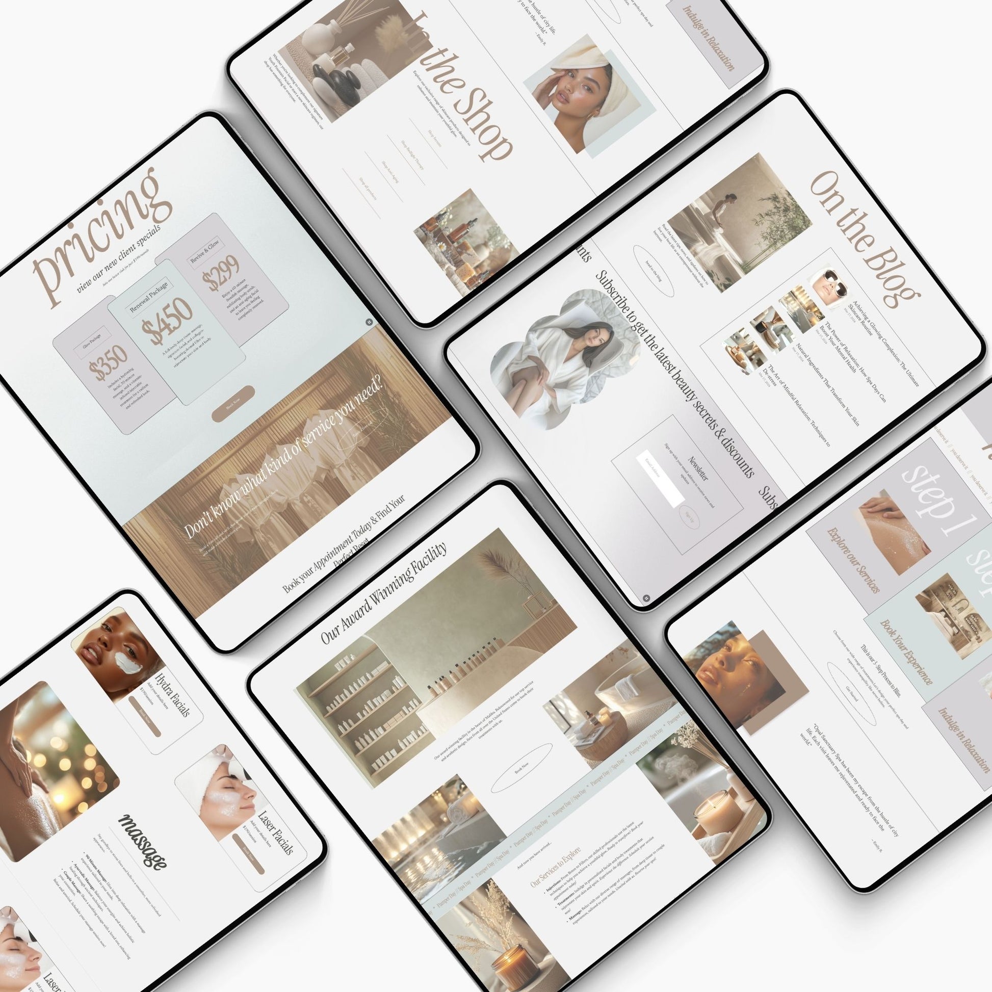 A collection of Squarespace template medspa mockups displayed on screens, designed for luxury medspa and wellness clinics, featuring clean and professional layouts.