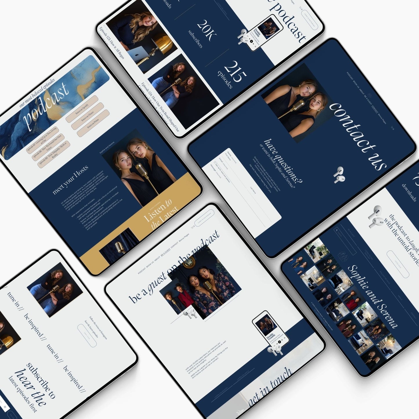 A collection of squarespace template for podcast pages designed for podcasters, featuring elements like episode lists, contact forms, and biographies.