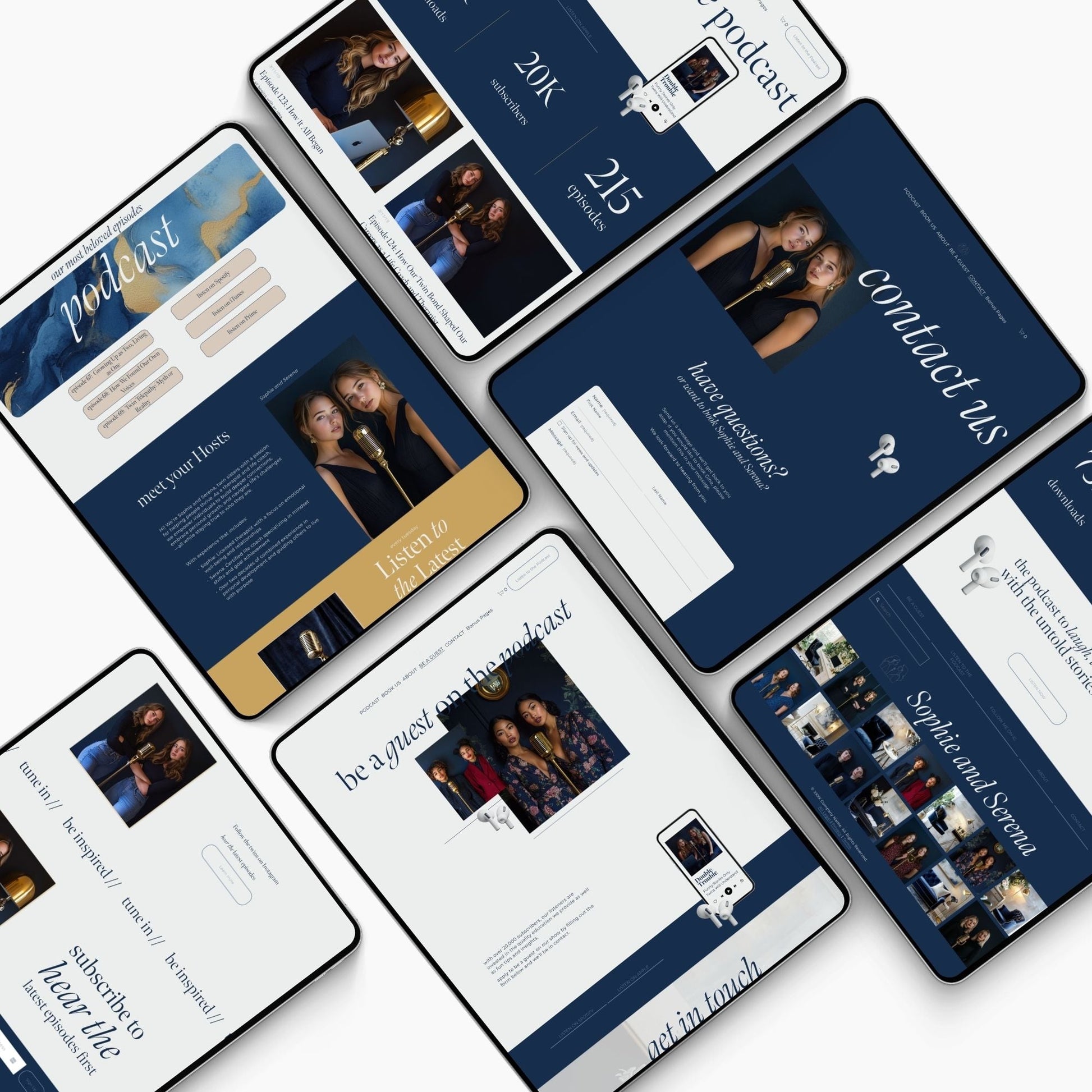 A collection of squarespace template for podcast pages designed for podcasters, featuring elements like episode lists, contact forms, and biographies.